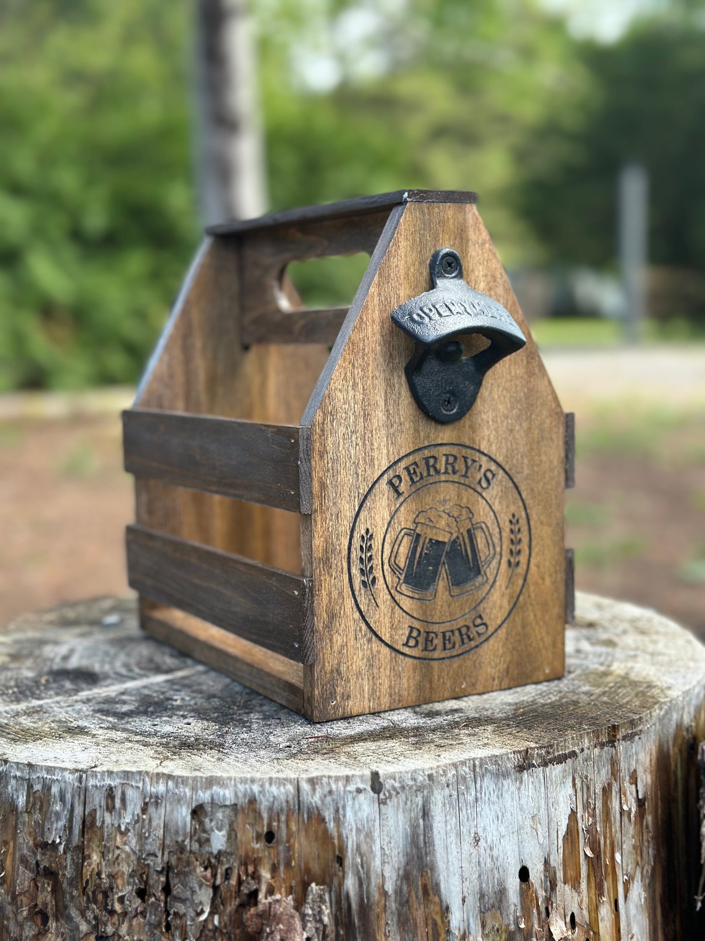 Personalized Solid Wood Beer Caddy with Bottle Opener